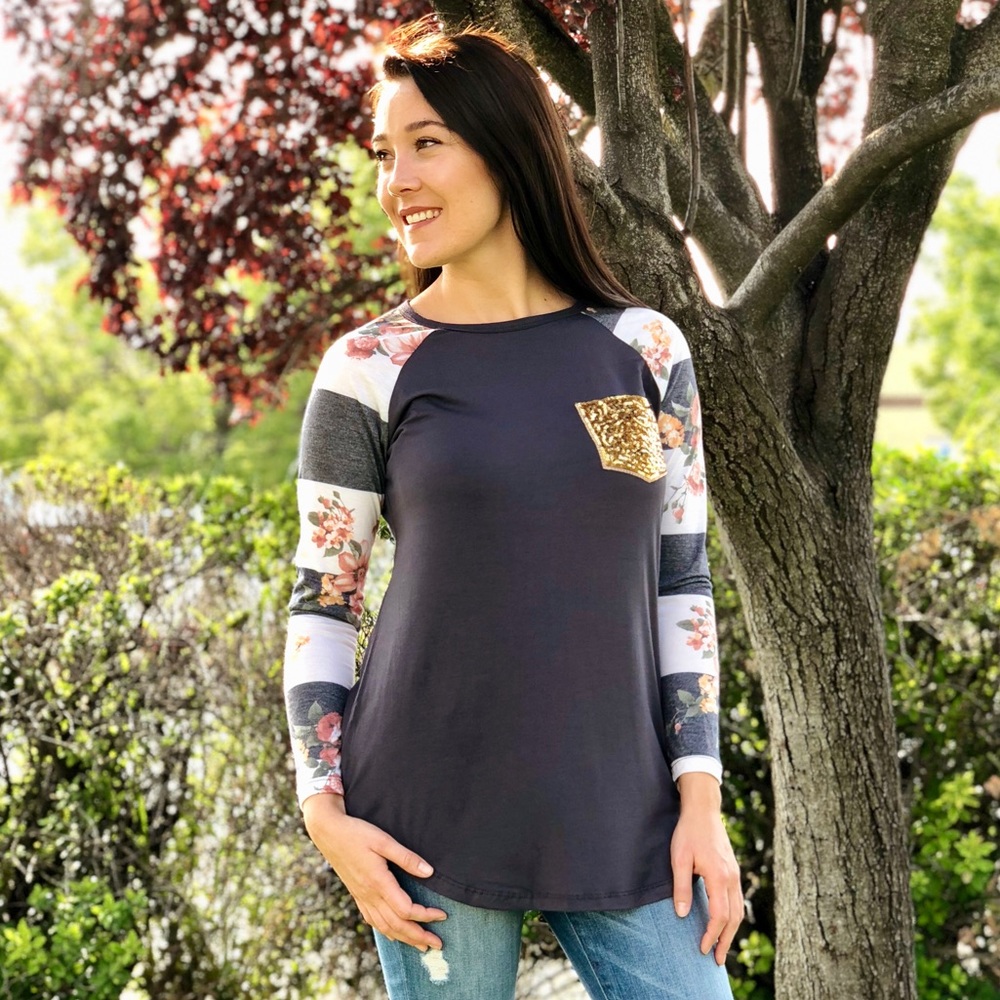 B.E. Stage Sequin Pocket Long Sleeve Charcoal